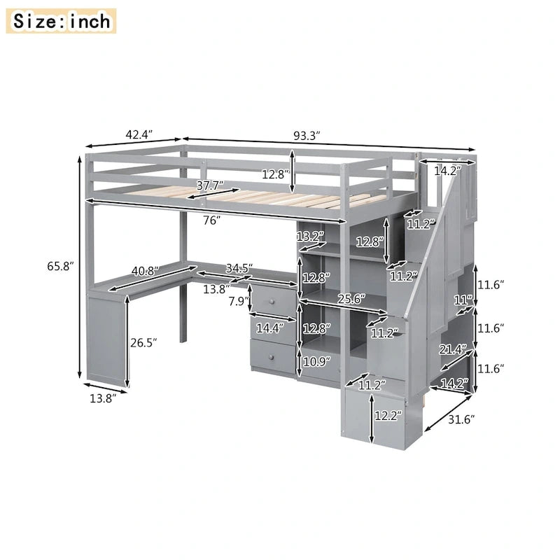 Lit mezzanine simple avec bureau en L, tiroirs, armoire et escalier de rangement – Gris
