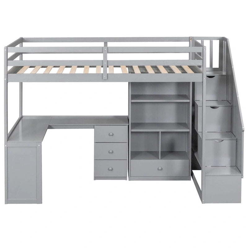 Lit mezzanine simple avec bureau en L, tiroirs, armoire et escalier de rangement – Gris