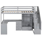 Lit mezzanine simple avec bureau en L, tiroirs, armoire et escalier de rangement – Gris