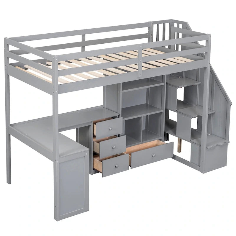 Lit mezzanine simple avec bureau en L, tiroirs, armoire et escalier de rangement – Gris