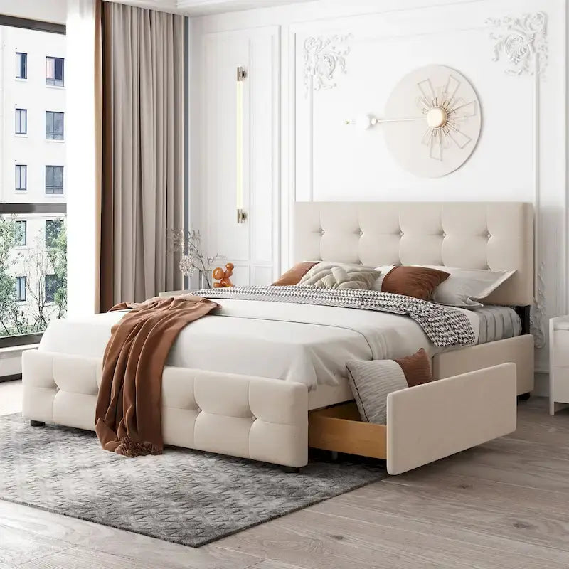 Upholstered Platform Bed with Classic Headboard and 4 Drawers, No Box Spring Needed, Linen Fabric
