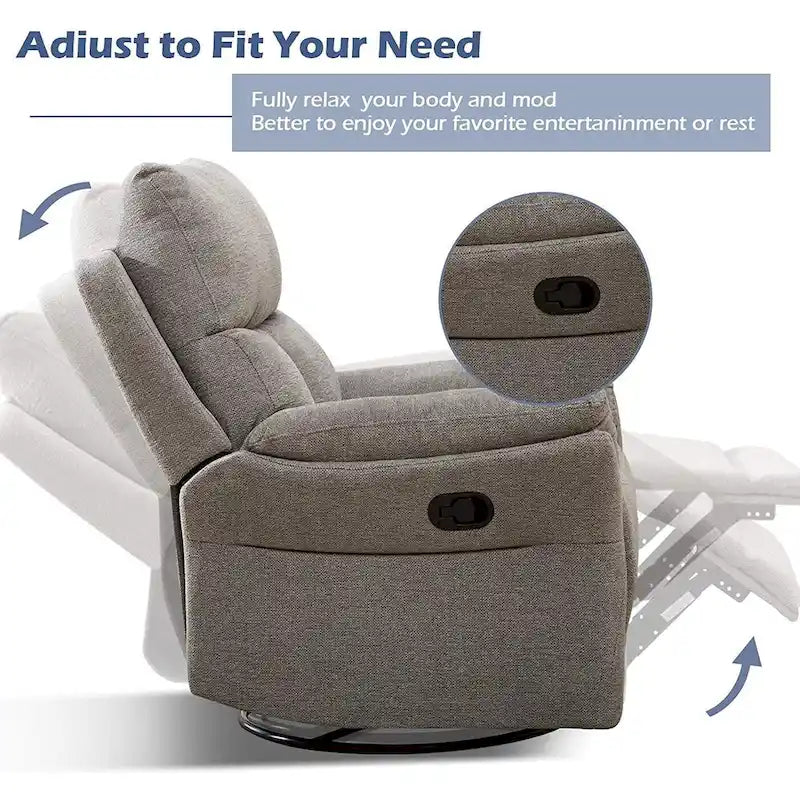 Fauteuil inclinable, pivotant et berçant en tissu avec repose-pieds