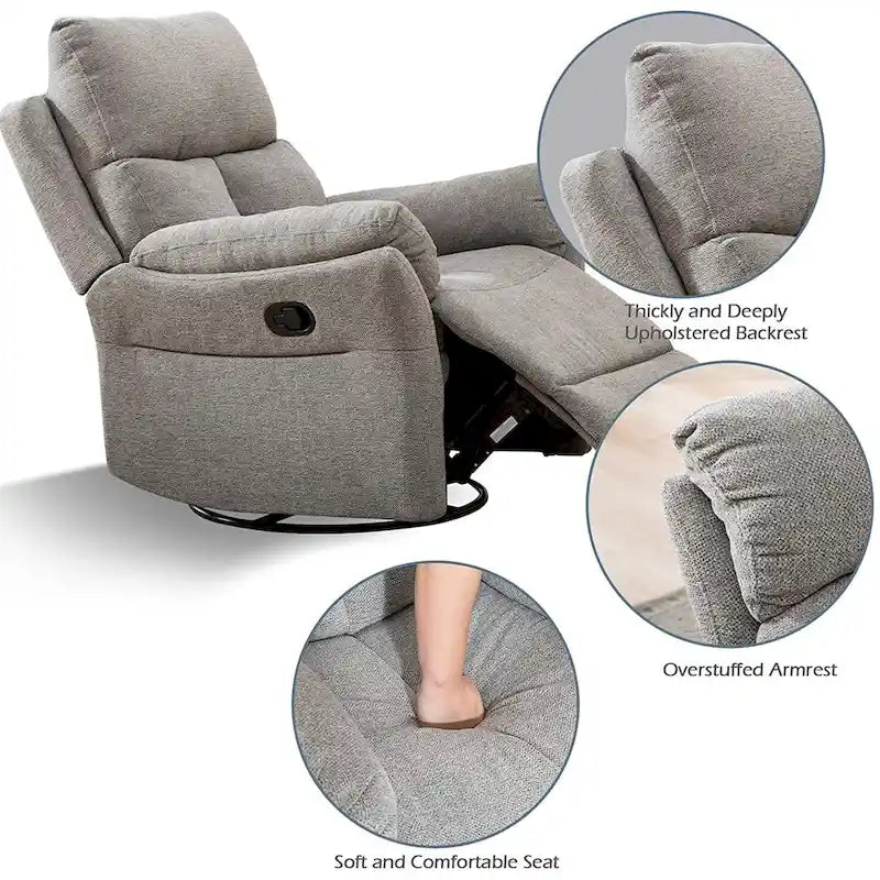 Fauteuil inclinable, pivotant et berçant en tissu avec repose-pieds