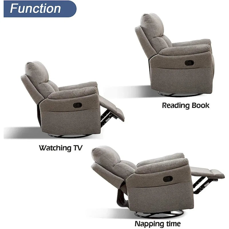 Fauteuil inclinable, pivotant et berçant en tissu avec repose-pieds