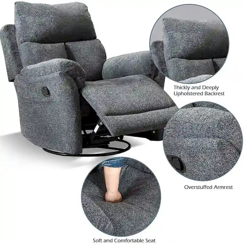 Fauteuil inclinable, pivotant et berçant en tissu avec repose-pieds