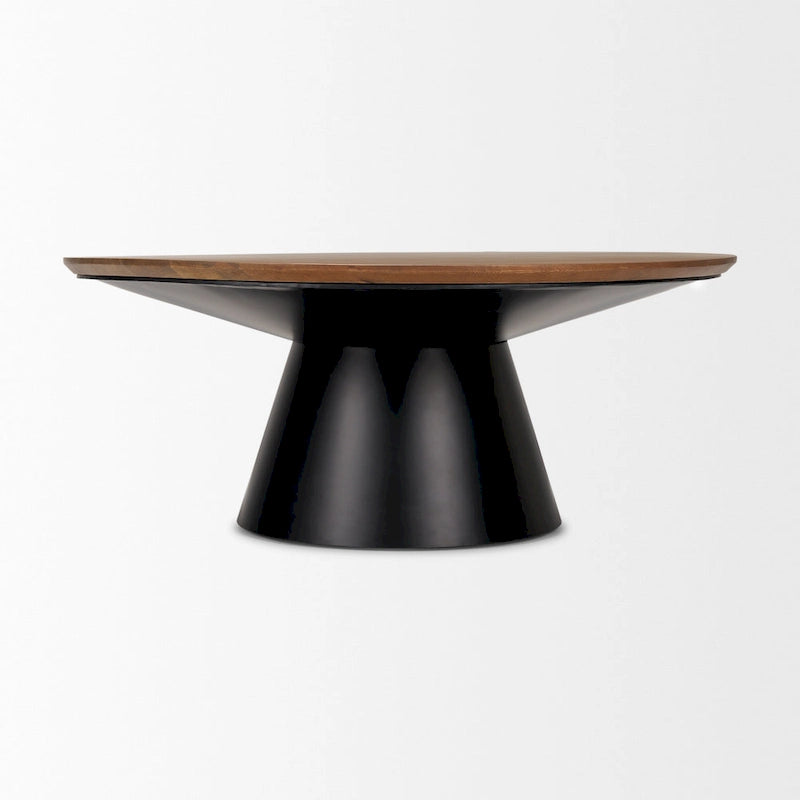 Table basse ronde avec plateau en bois massif et piètement en fonte