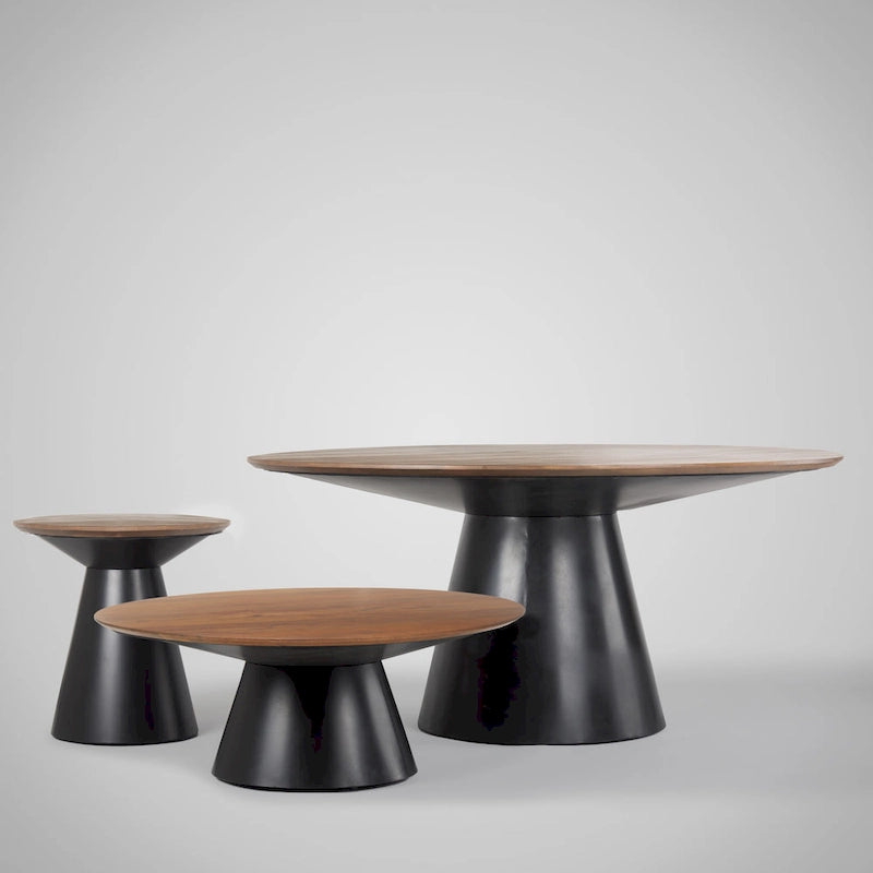 Table basse ronde avec plateau en bois massif et piètement en fonte