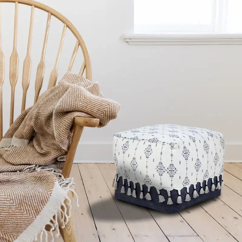 Pouf carré 45 cm – Coton bleu marine et blanc