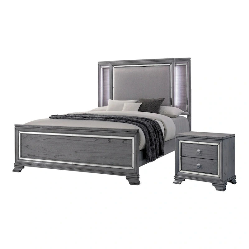 Ensemble contemporain de lit et table de nuit 2 pièces gris avec éclairage DEL