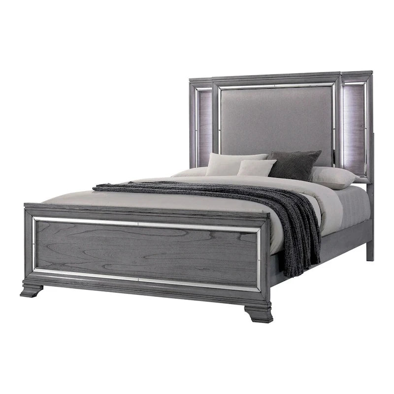 Ensemble contemporain de lit et table de nuit 2 pièces gris avec éclairage DEL