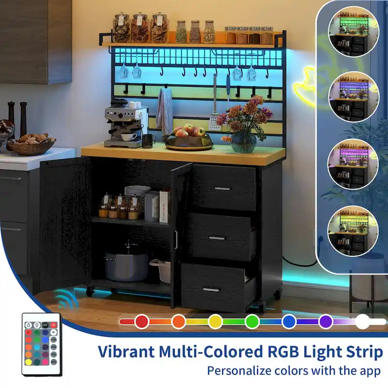 Îlot de cuisine roulant de 135 cm avec prise électrique, lumière LED et étagère haute