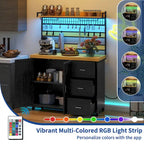 Îlot de cuisine roulant de 135 cm avec prise électrique, lumière LED et étagère haute