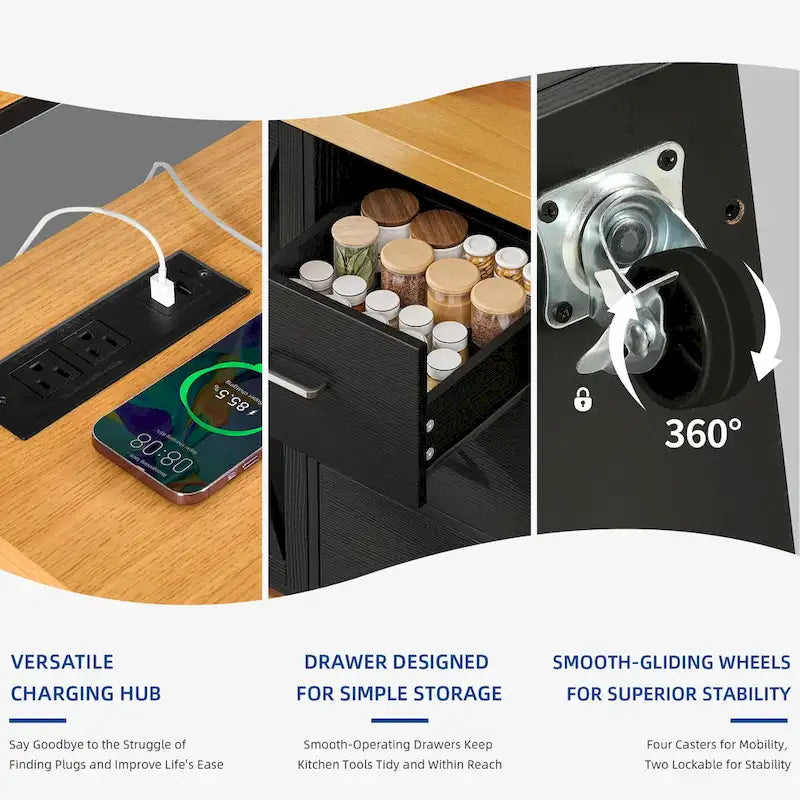 Îlot de cuisine roulant de 135 cm avec prise électrique, lumière LED et étagère haute