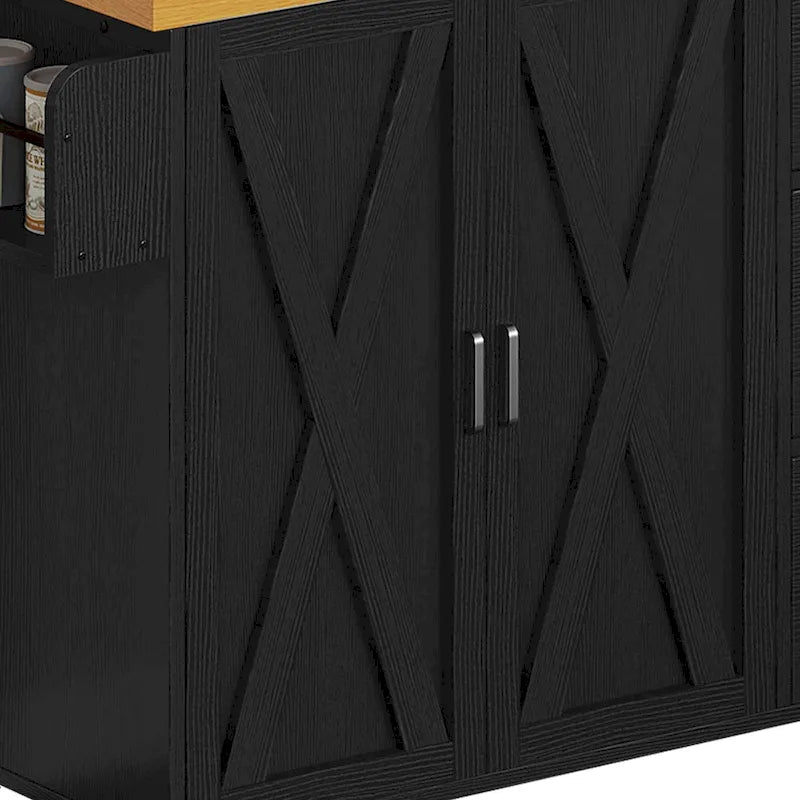 Îlot de cuisine roulant de 135 cm avec prise électrique, lumière LED et étagère haute