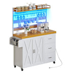 Îlot de cuisine roulant de 135 cm avec prise électrique, lumière LED et étagère haute