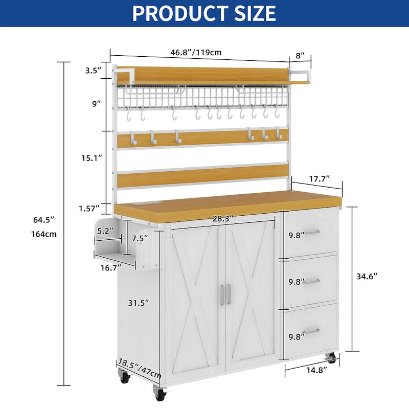 Îlot de cuisine roulant de 135 cm avec prise électrique, lumière LED et étagère haute
