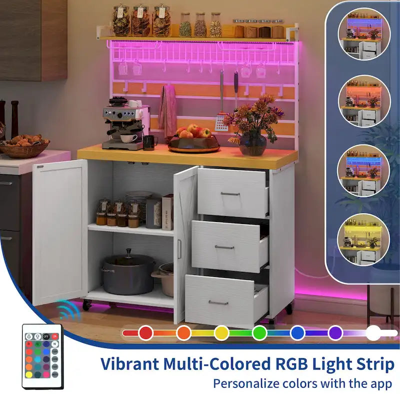 Îlot de cuisine roulant de 135 cm avec prise électrique, lumière LED et étagère haute