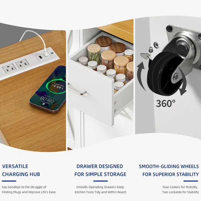Îlot de cuisine roulant de 135 cm avec prise électrique, lumière LED et étagère haute