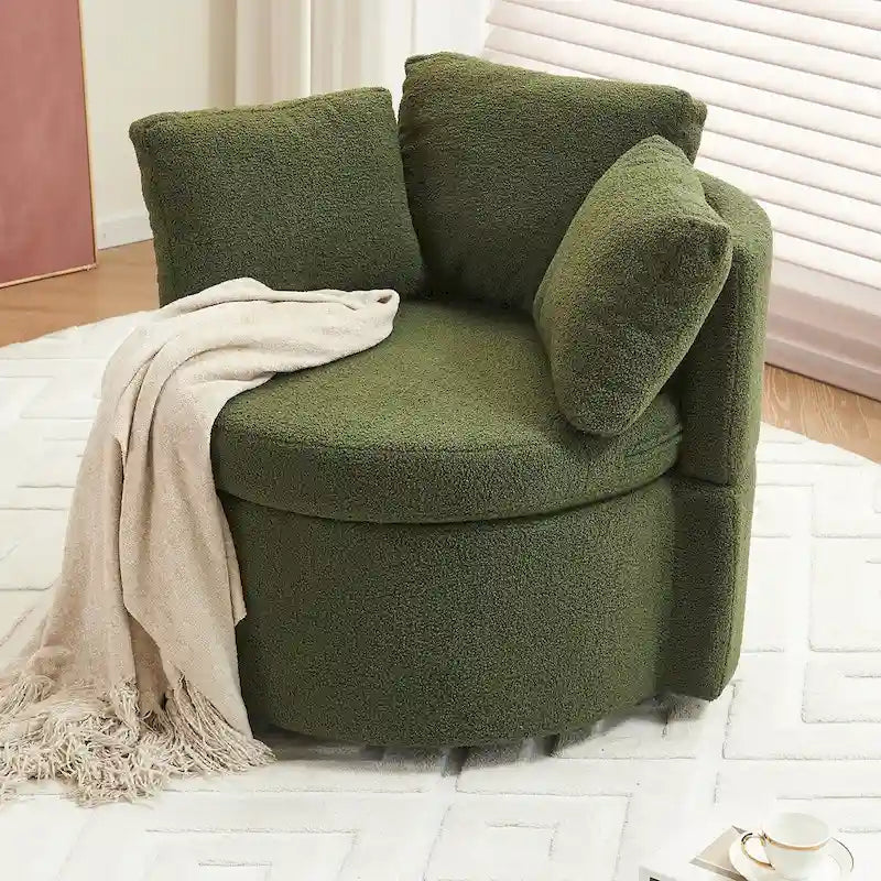 Fauteuil pivotant en tissu avec rangement et coussin de dossier