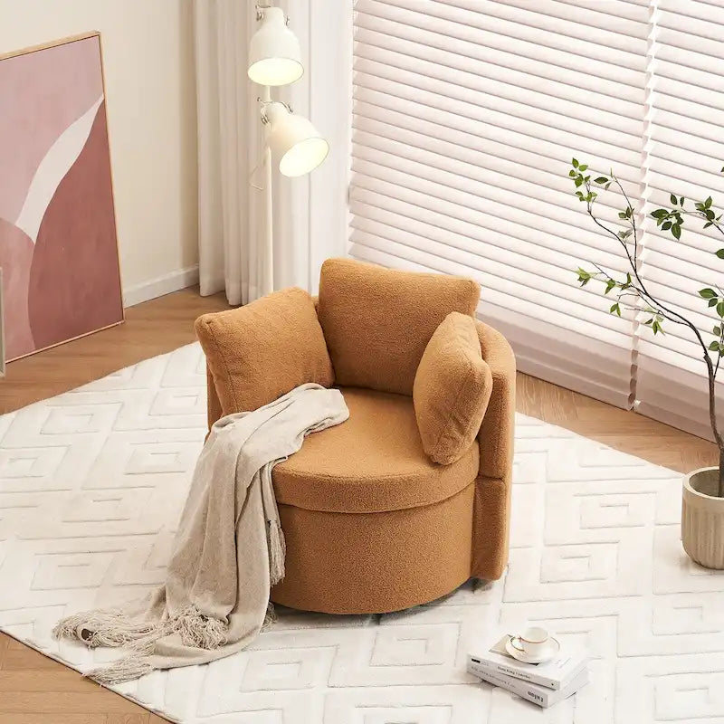 Fauteuil pivotant en tissu avec rangement et coussin de dossier