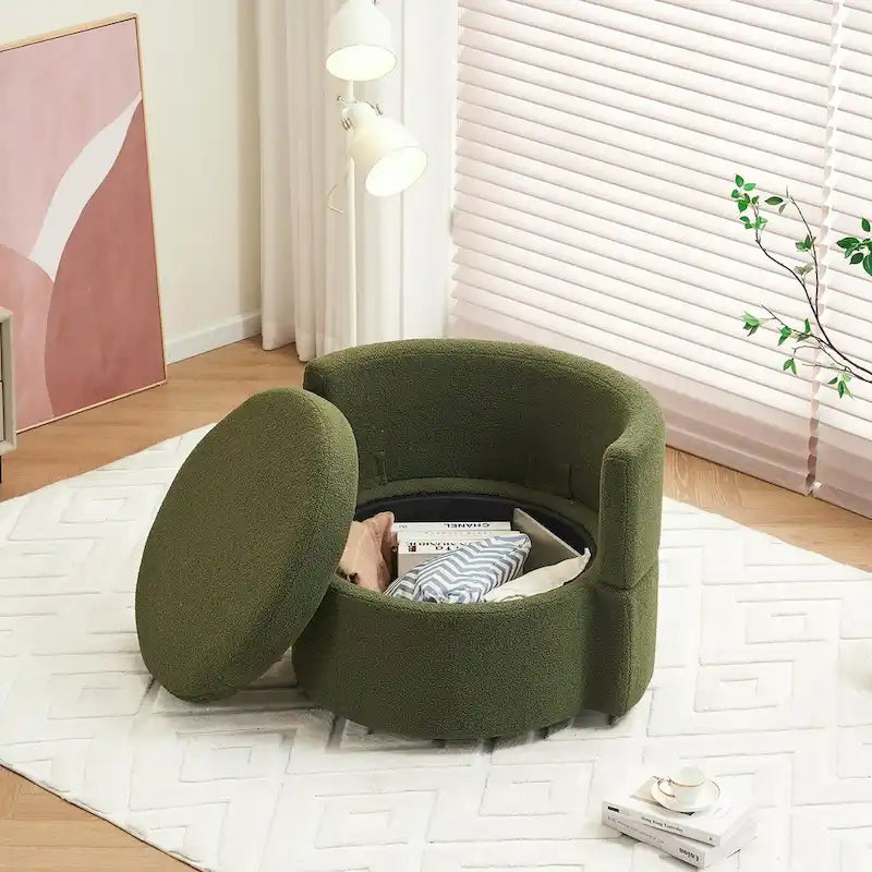 Fauteuil pivotant en tissu avec rangement et coussin de dossier