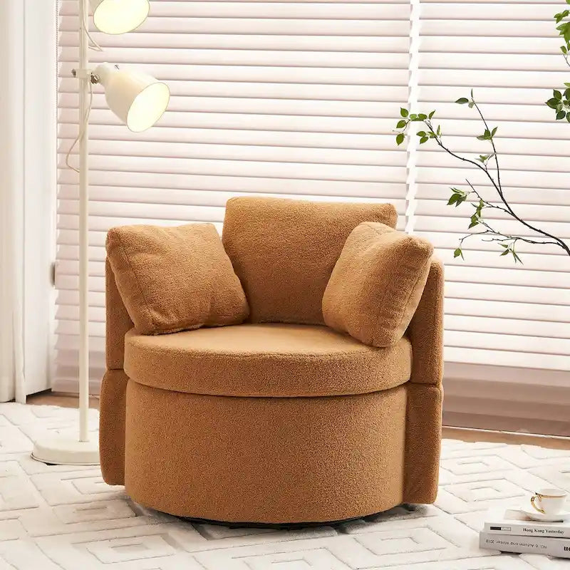 Fauteuil pivotant en tissu avec rangement et coussin de dossier