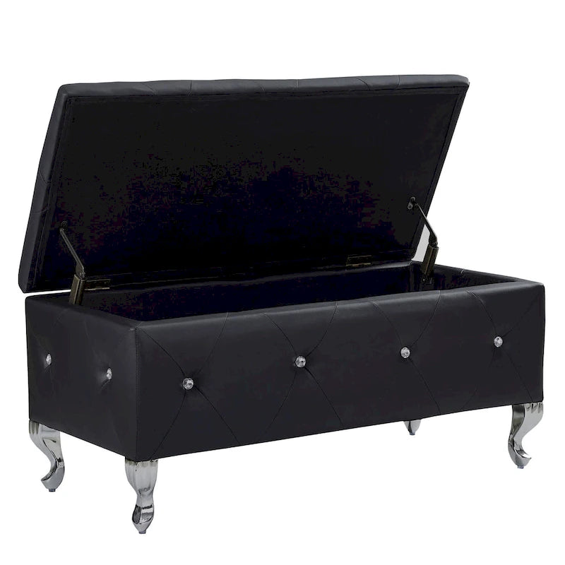 Banc de rangement rectangulaire capitonné avec boutons en cristal