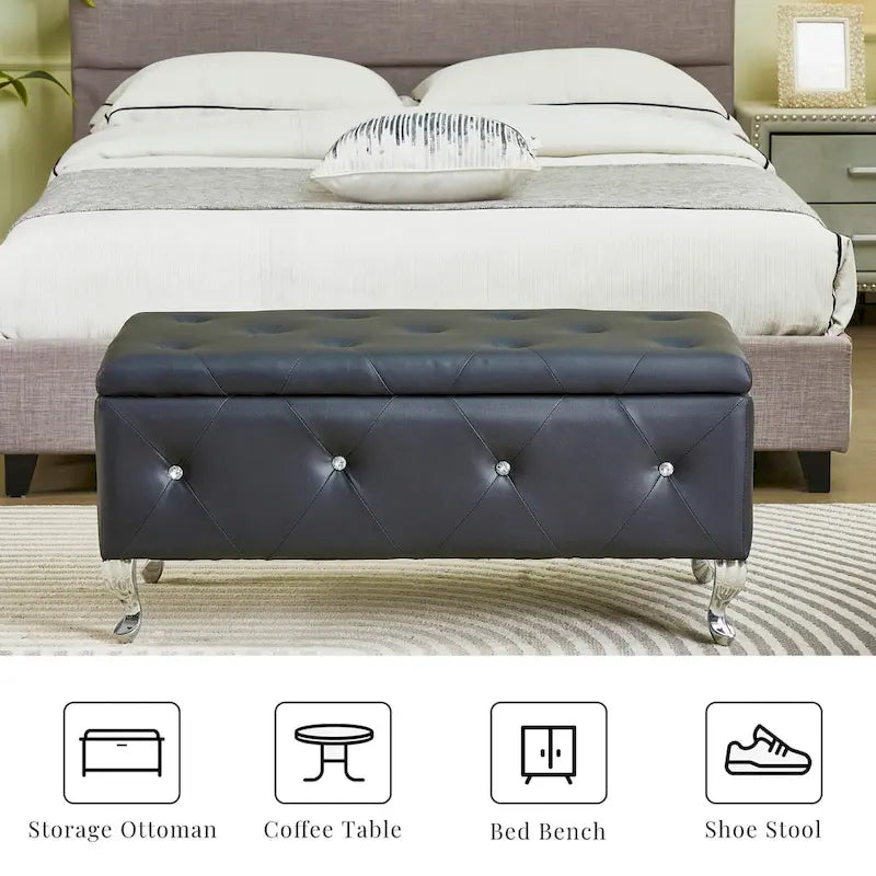 Banc de rangement rectangulaire capitonné avec boutons en cristal