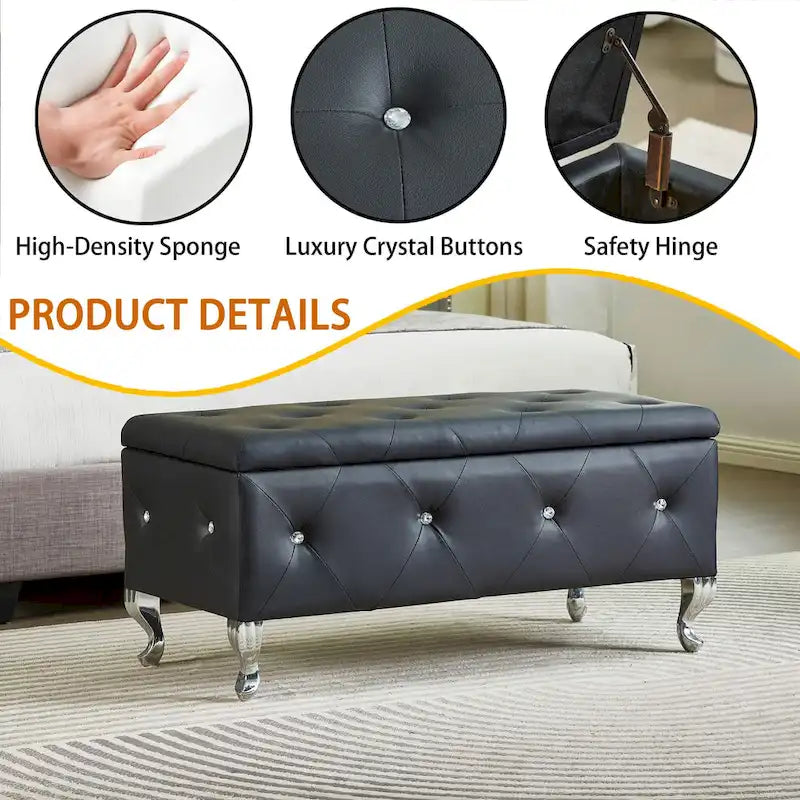 Banc de rangement rectangulaire capitonné avec boutons en cristal