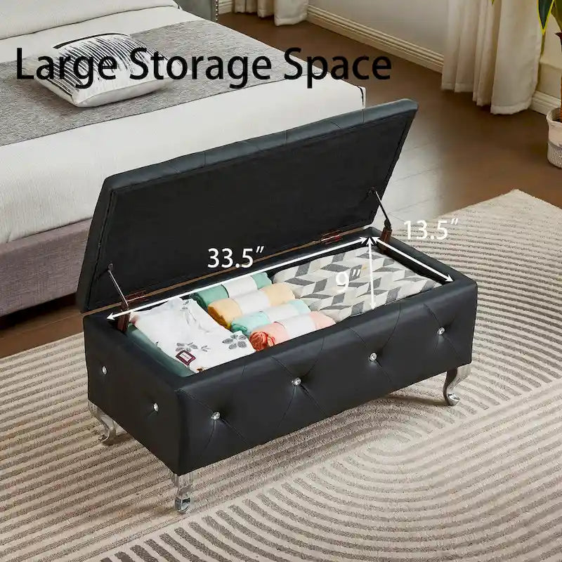 Banc de rangement rectangulaire capitonné avec boutons en cristal