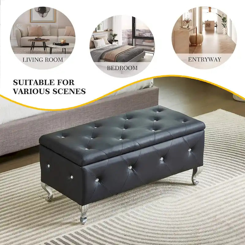 Banc de rangement rectangulaire capitonné avec boutons en cristal