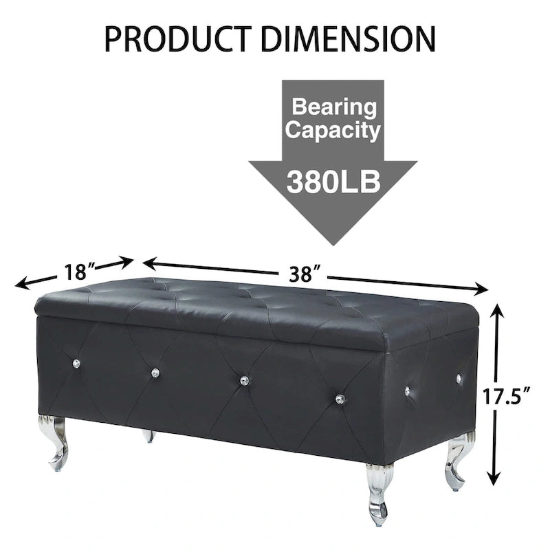 Banc de rangement rectangulaire capitonné avec boutons en cristal