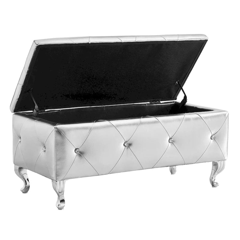 Banc de rangement rectangulaire capitonné avec boutons en cristal