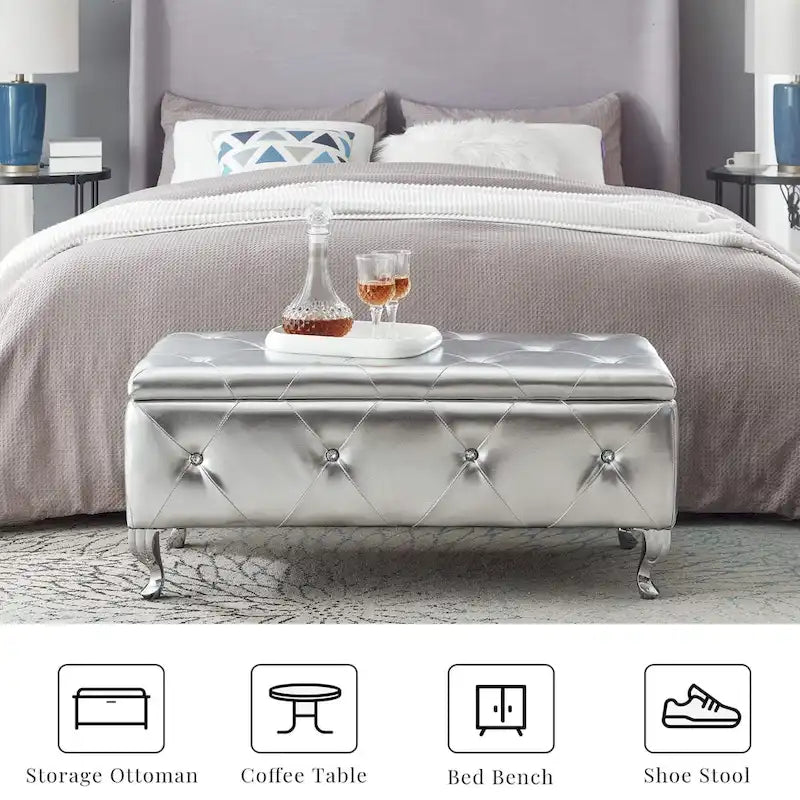 Banc de rangement rectangulaire capitonné avec boutons en cristal