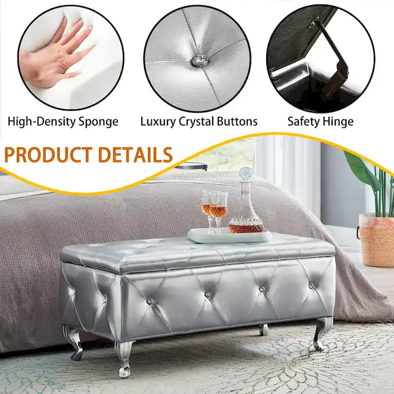 Banc de rangement rectangulaire capitonné avec boutons en cristal