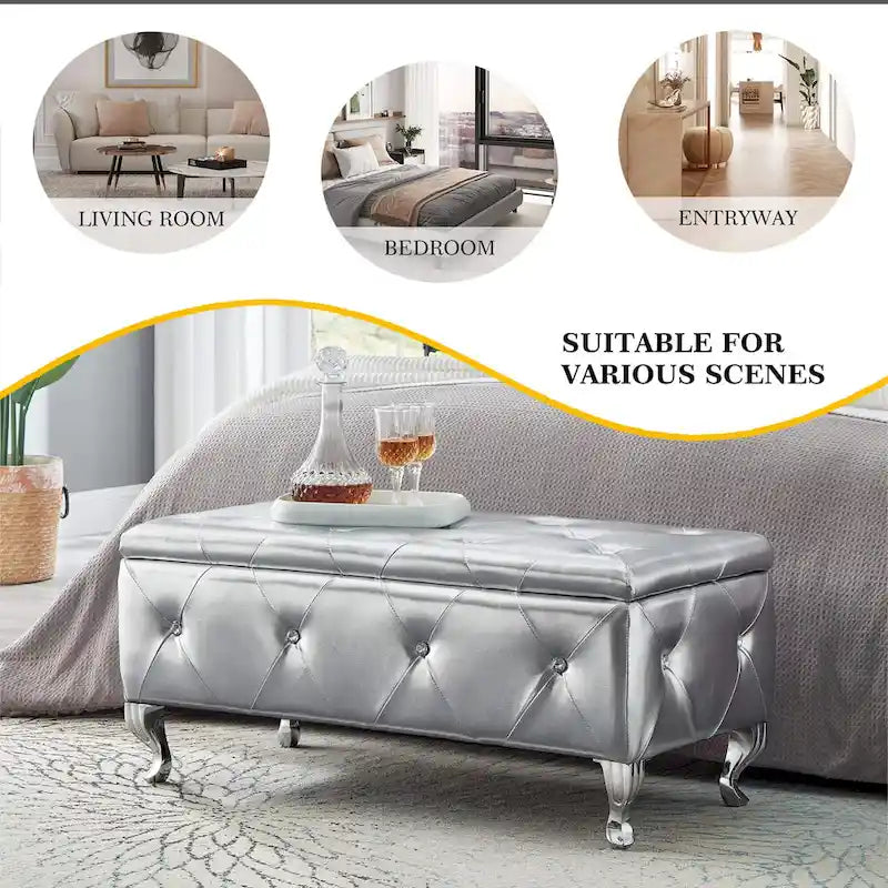 Banc de rangement rectangulaire capitonné avec boutons en cristal