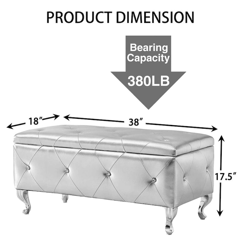 Banc de rangement rectangulaire capitonné avec boutons en cristal