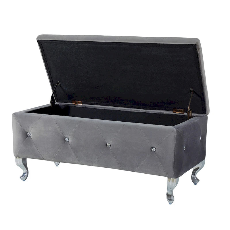 Banc de rangement rectangulaire capitonné avec boutons en cristal