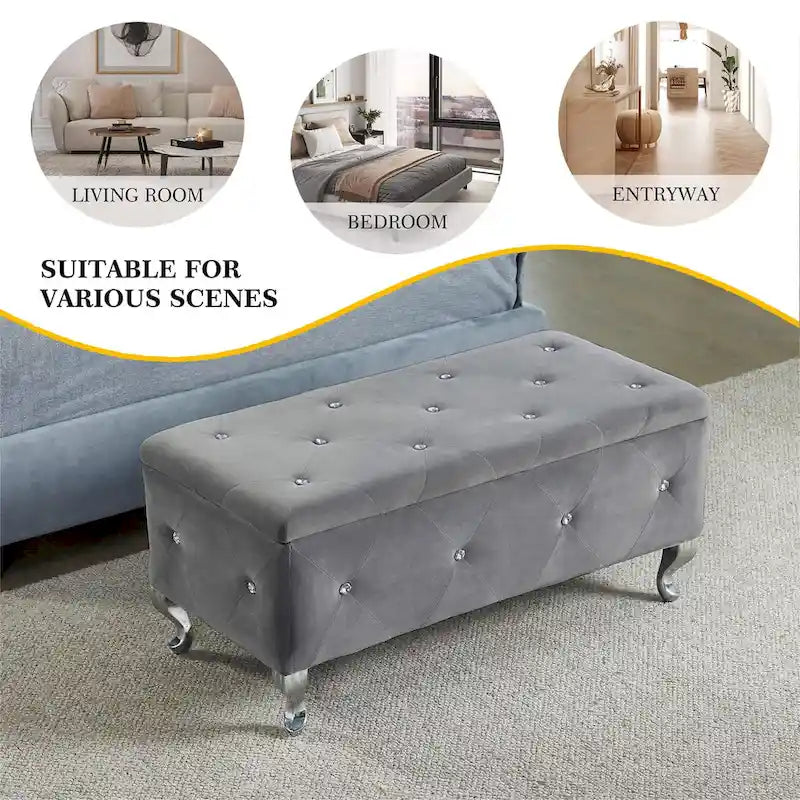 Banc de rangement rectangulaire capitonné avec boutons en cristal