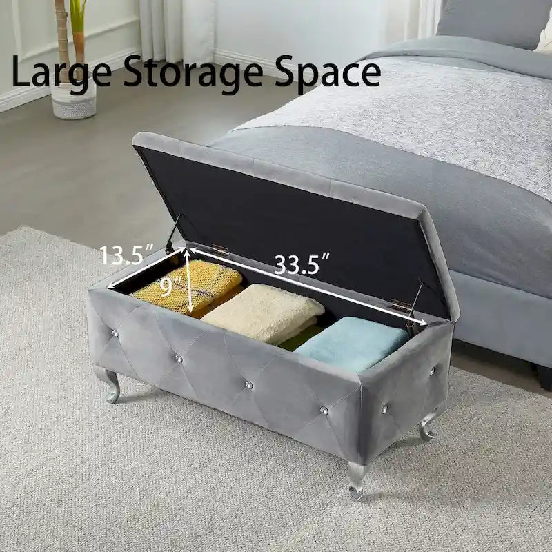 Banc de rangement rectangulaire capitonné avec boutons en cristal
