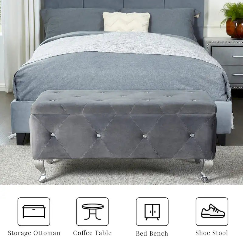 Banc de rangement rectangulaire capitonné avec boutons en cristal