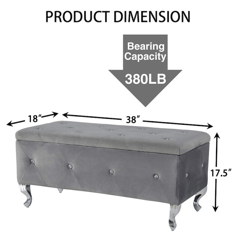 Banc de rangement rectangulaire capitonné avec boutons en cristal