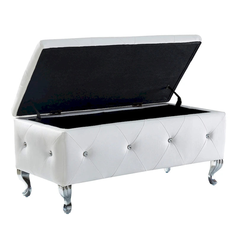 Banc de rangement rectangulaire capitonné avec boutons en cristal