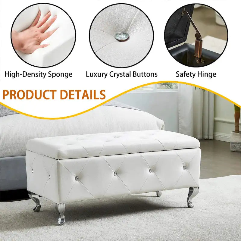 Banc de rangement rectangulaire capitonné avec boutons en cristal