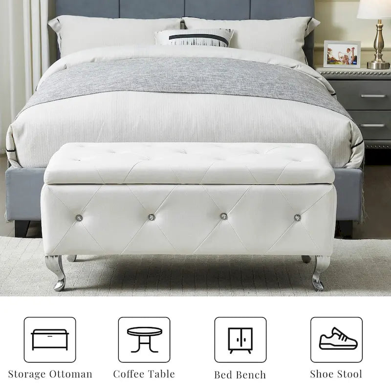 Banc de rangement rectangulaire capitonné avec boutons en cristal