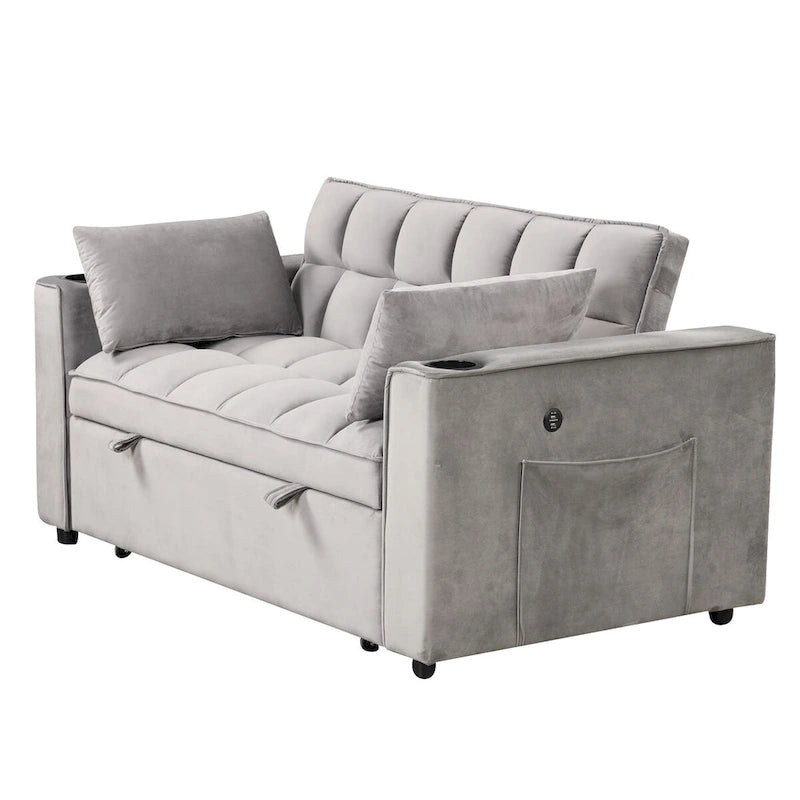 Canapé-lit convertible en velours avec porte-gobelet et port USB