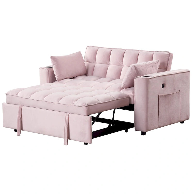 Canapé-lit convertible en velours avec porte-gobelet et port USB