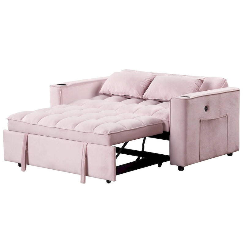 Canapé-lit convertible en velours avec porte-gobelet et port USB