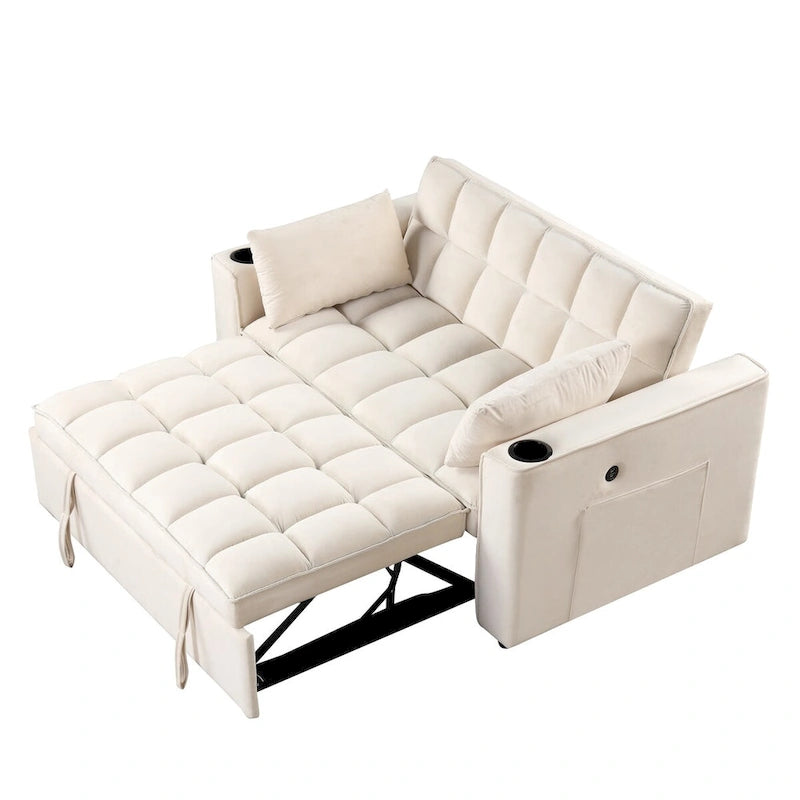 Canapé-lit convertible en velours avec porte-gobelet et port USB