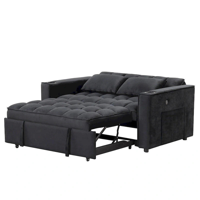 Canapé-lit convertible en velours avec porte-gobelet et port USB
